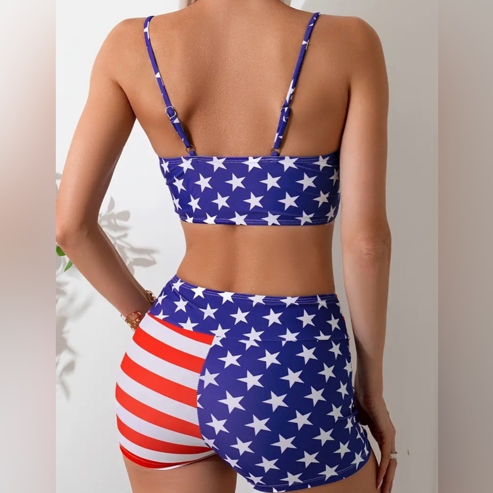American Flag Stars Stripes High Waisted Shorts Bikini Set - Picture 3 of 10
